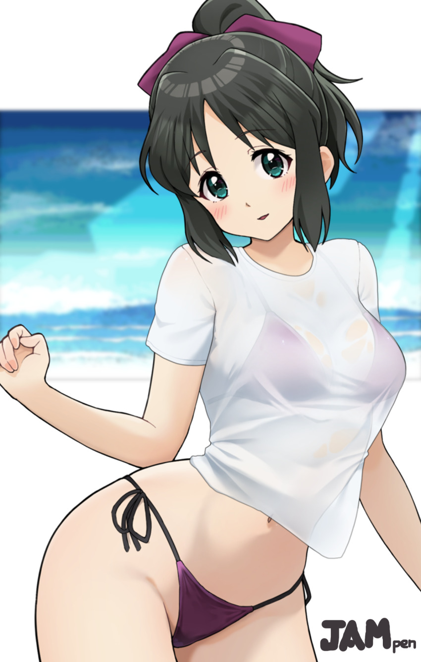1girl aqua_eyes bikini black_hair blue_sky blurry blurry_background blush commentary_request cow hair_ribbon highres jampen kohinata_miku looking_at_viewer navel ocean open_mouth parted_bangs purple_bikini ribbon senki_zesshou_symphogear shirt short_sleeves side-tie_bikini_bottom sidelocks sky smile solo standing swimsuit t-shirt white_background white_shirt