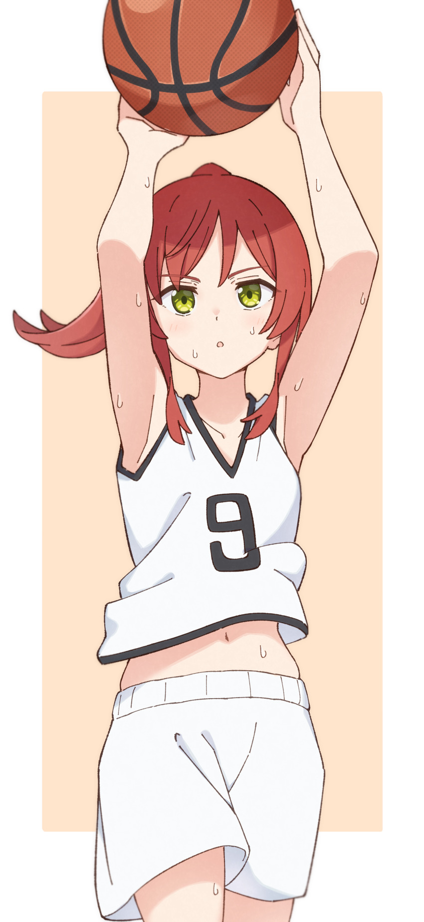 1girl absurdres alternate_costume alternate_hairstyle ball basketball_(object) basketball_uniform blush bocchi_the_rock! border collarbone commentary_request cowboy_shot green_eyes hair_between_eyes highres kita_ikuyo midriff mimori_(mimori_05) navel open_mouth orange_background outside_border ponytail red_hair shorts sidelocks solo sportswear sweat throwing vest white_border white_shorts white_vest