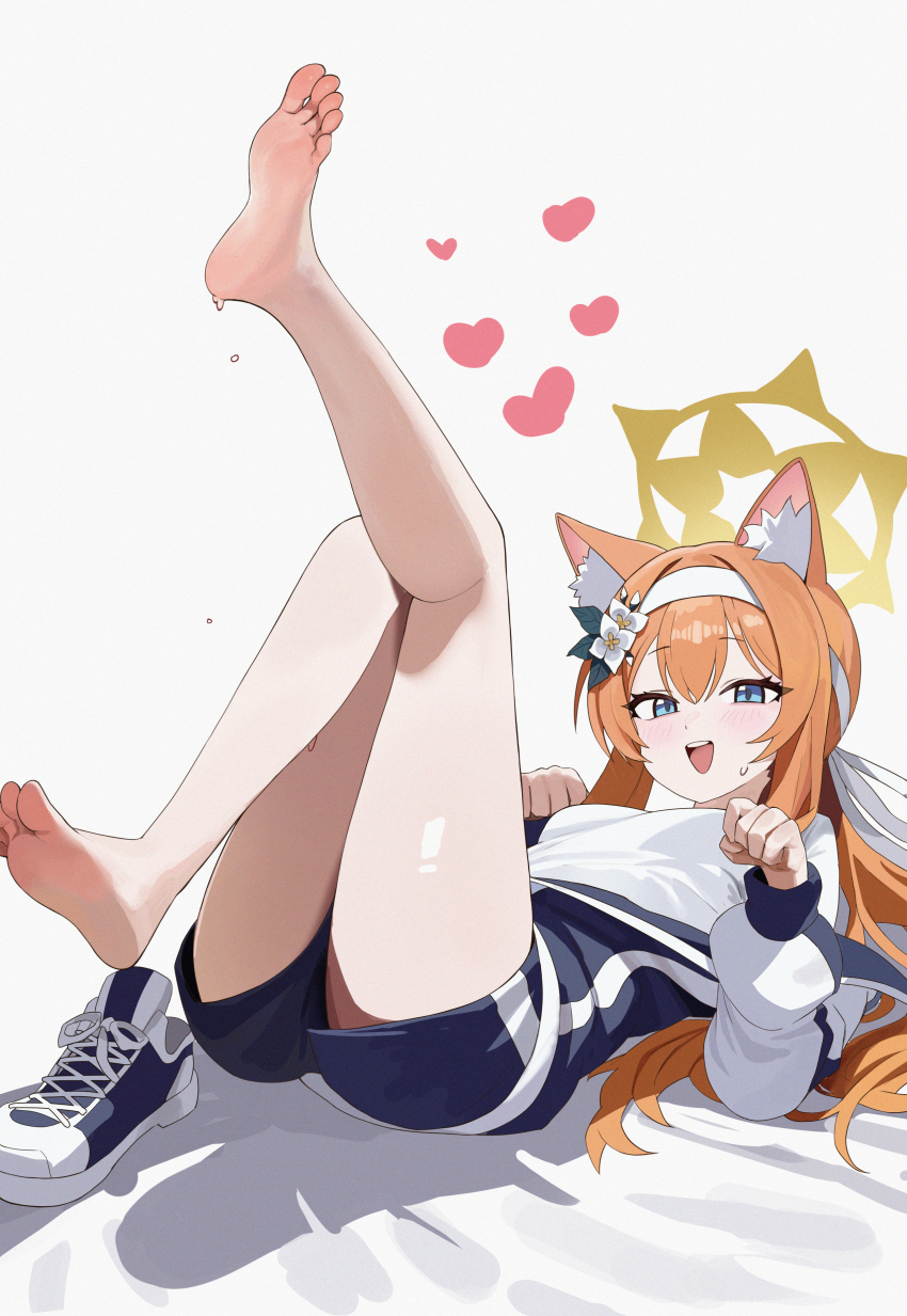 1girl absurdres animal_ear_fluff animal_ears barefoot blue_archive blue_eyes blue_jacket blue_shorts blush cat_ears cat_girl commentary_request dot_nose feet gym_shirt gym_shorts gym_uniform hair_ornament halo heart highres jacket leg_up legs_up long_hair looking_at_viewer looking_to_the_side lying mari_(blue_archive) mari_(track)_(blue_archive) official_alternate_costume official_alternate_hairstyle on_back open_mouth orange_hair paw_pose bad_tag setakman shirt shoes short_shorts shorts shy simple_background smile soles solo sweat teeth thighs toes track_jacket unworn_shoes upper_teeth_only white_background white_shirt yellow_halo