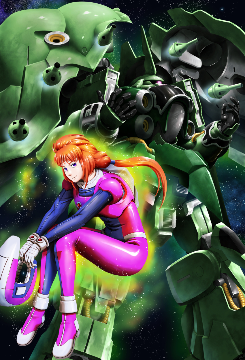 1girl absurdres beam_cannon bodysuit boots cable commentary_request energy funnels_(gundam) gloves glowing gundam gundam_unicorn helmet highres holding holding_helmet kshatriya looking_at_viewer machinery marida_cruz mecha mobile_armor mobile_suit nebula neo_zeon one-eyed orange_hair pilot_suit ponytail purple_eyes robot sitting smirk soichi_nagayuki space space_helmet spacesuit star_(sky) thrusters