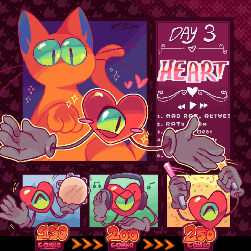 1boy ^_^ animal_print boxyam cat cat_print character_name closed_eyes colored_sclera commentary confetti dated dj english_commentary english_text gloves glowstick green_sclera grey_gloves headphones heart heart_(mad_rat_dead) highres instrument mad_rat_dead media_player_interface music musical_note one-eyed red_cat signature simple_background slit_pupils spoilers tambourine user_interface v-shaped_eyebrows