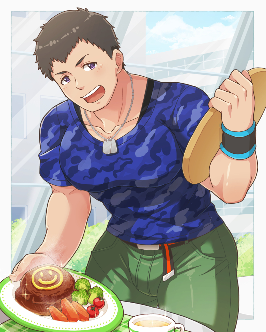 1boy aopanda bara blue_shirt blush cup food green_pants highres holding holding_plate idolmaster idolmaster_side-m jewelry large_pectorals male_focus muscular muscular_male necklace open_mouth pants pectorals plate purple_eyes shingen_seiji shirt smile solo wristband
