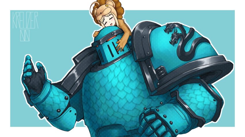 adeptus_astartes alpha_legion animal_ears armor artist_name artoria_pendragon_(fate) blonde_hair blue_armor blue_background breastplate chaos_space_marine closed_eyes commission fate_(series) helmet highres hug kreuzer_00 lion open_mouth pauldrons power_armor saber_lion scales shoulder_armor sidelocks warhammer_40k