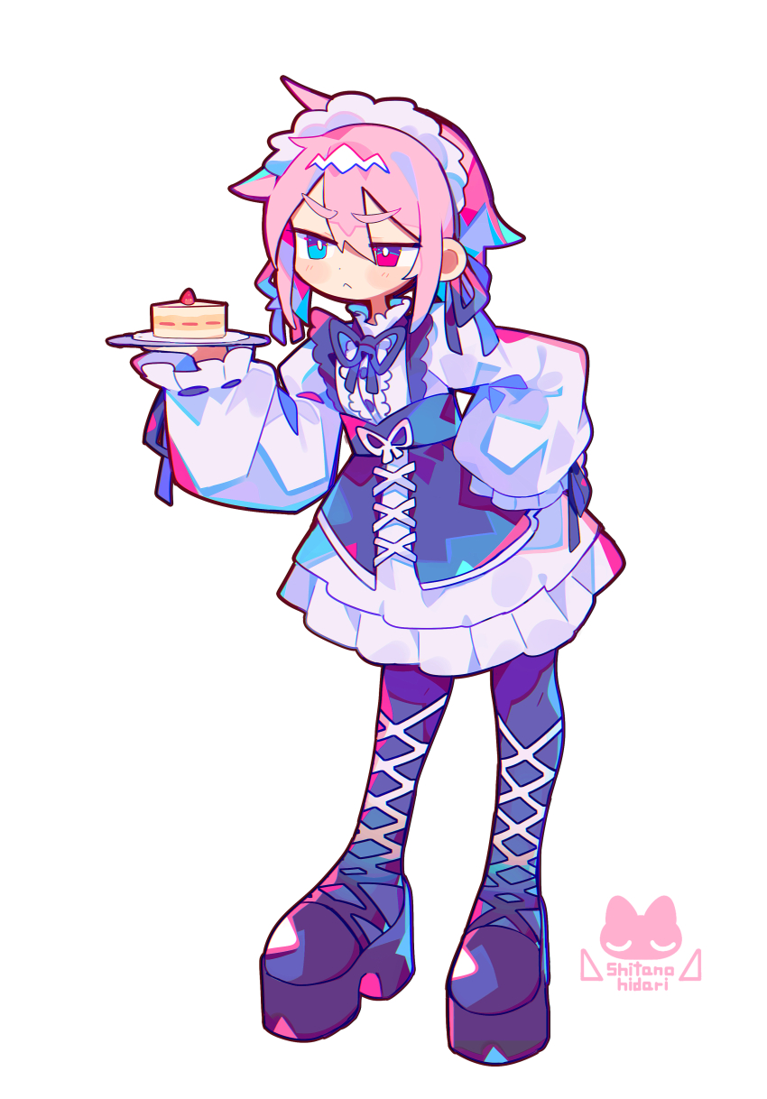1boy absurdres artist_logo black_boots black_ribbon blue_eyes boots bright_pupils buttons cake center_frills closed_mouth commentary_request crossdressing dress food frilled_dress frills frown full_body hair_ribbon hand_on_own_hip heterochromia highres holding holding_plate logo long_sleeves maid maid_headdress male_focus male_maid neck_ribbon original pink_hair plate platform_boots raito-kun_(uenomigi) red_eyes ribbon short_hair simple_background solo strawberry_shortcake trap uenomigi v-shaped_eyebrows white_background white_dress white_pupils
