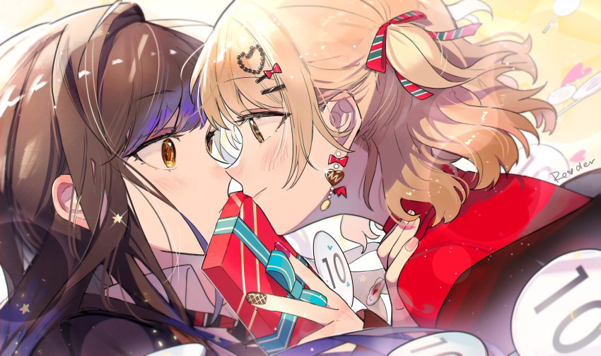 2girls absurdres azusawa_kohane blonde_hair blunt_bangs blush brown_eyes brown_hair closed_mouth couple earrings eyelashes fingernails floating_earrings gift hair_ornament hairclip hairpin hand_on_another&#039;s_shoulder heart highres holding holding_gift jewelry jingzhaowhale long_hair looking_at_another medium_hair multiple_girls nail_polish pink_nails profile project_sekai shiraishi_an smile upper_body valentine yuri