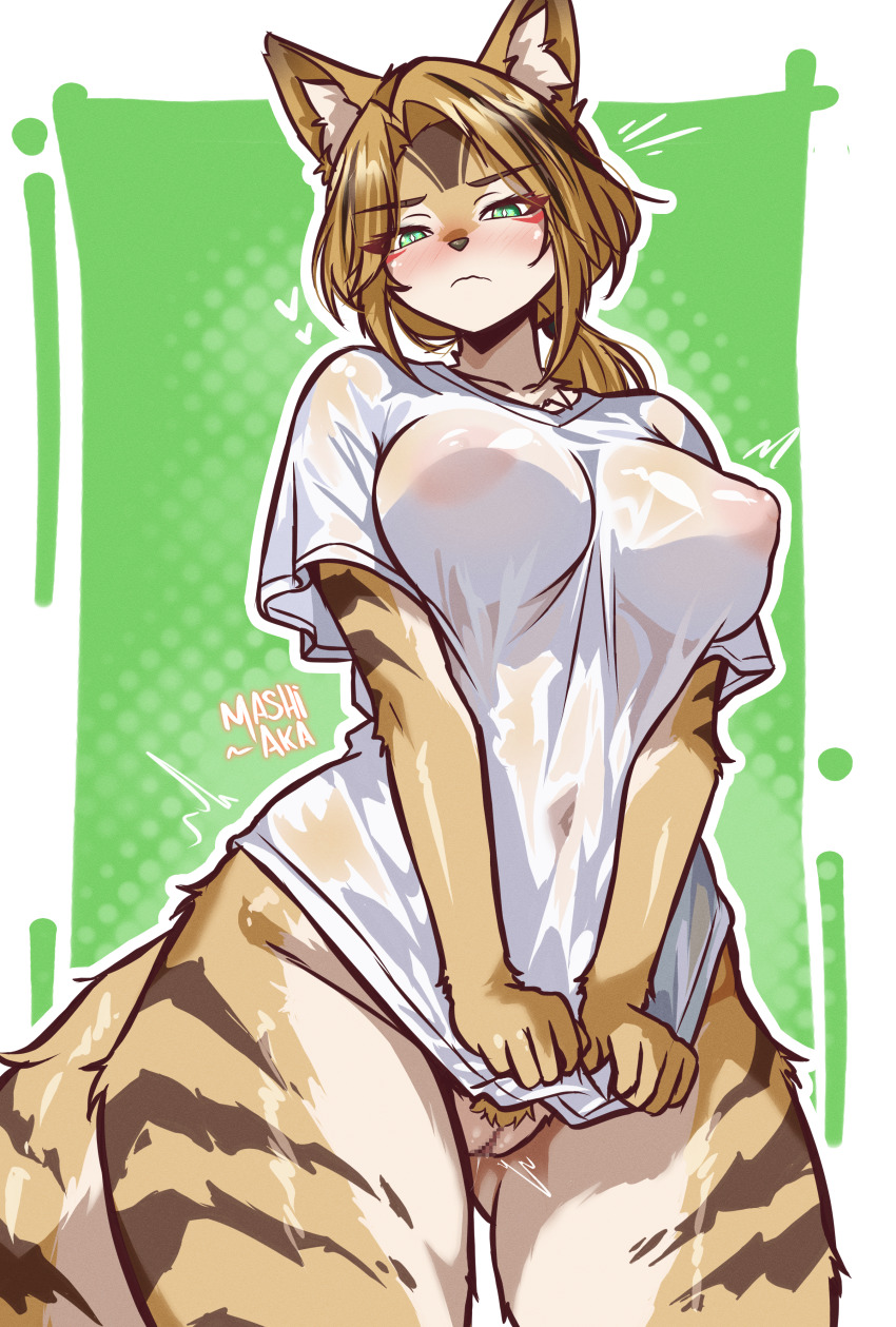 1girl absurdres alternate_costume animal_ear_fluff animal_ears artist_name blonde_hair blush body_fur breasts cat_ears cat_girl cat_tail censored closed_mouth collarbone commentary covered_erect_nipples covered_navel cowboy_shot dotted_background english_commentary female_pubic_hair furry furry_female gluteal_fold green_background green_eyes half-closed_eyes heart highres large_breasts long_hair looking_at_viewer mashiaka mosaic_censoring multicolored_fur nipples pubic_hair pulchra_fellini pussy see-through_clothes see-through_shirt shirt shirt_tug solo tail thighs twitching two-tone_background white_background white_shirt yellow_fur zenless_zone_zero
