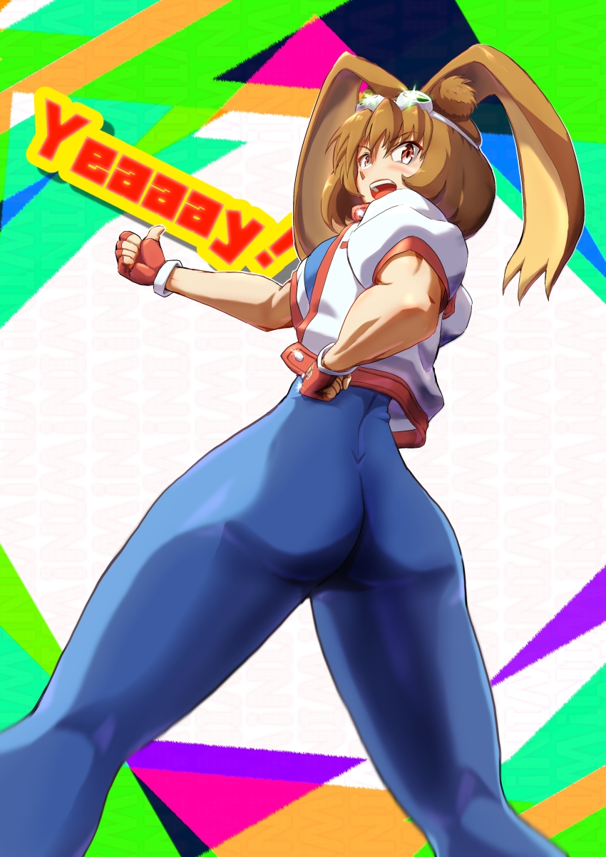 1girl absurdres animal_ears ass blue_bodysuit blue_eyes bodysuit breasts brown_hair character_name female_focus fingerless_gloves gloves goggles goggles_on_head hand_on_own_hip highres latex makihara_arina medium_breasts rabbit_ears sideboob smile solo thumbs_up unitard waku_waku_7