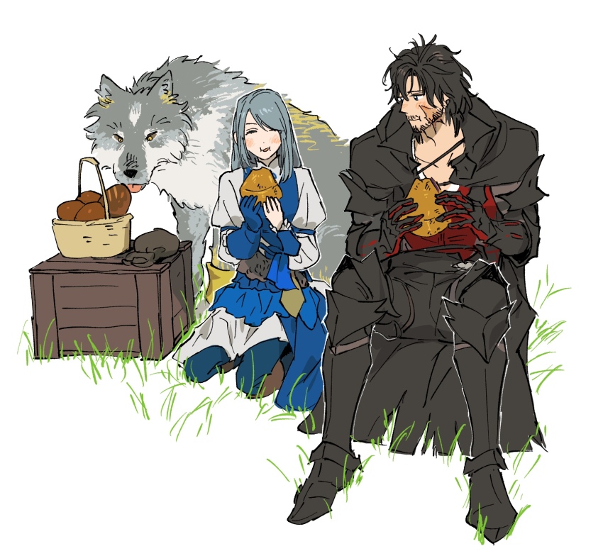 1boy 1girl basket bbly_ff black_cape box bread cape clive_rosfield dog eating final_fantasy final_fantasy_xvi food gloves grass highres jill_warrick scar scar_on_face simple_background single_glove sitting tongue tongue_out torgal_(ff16)