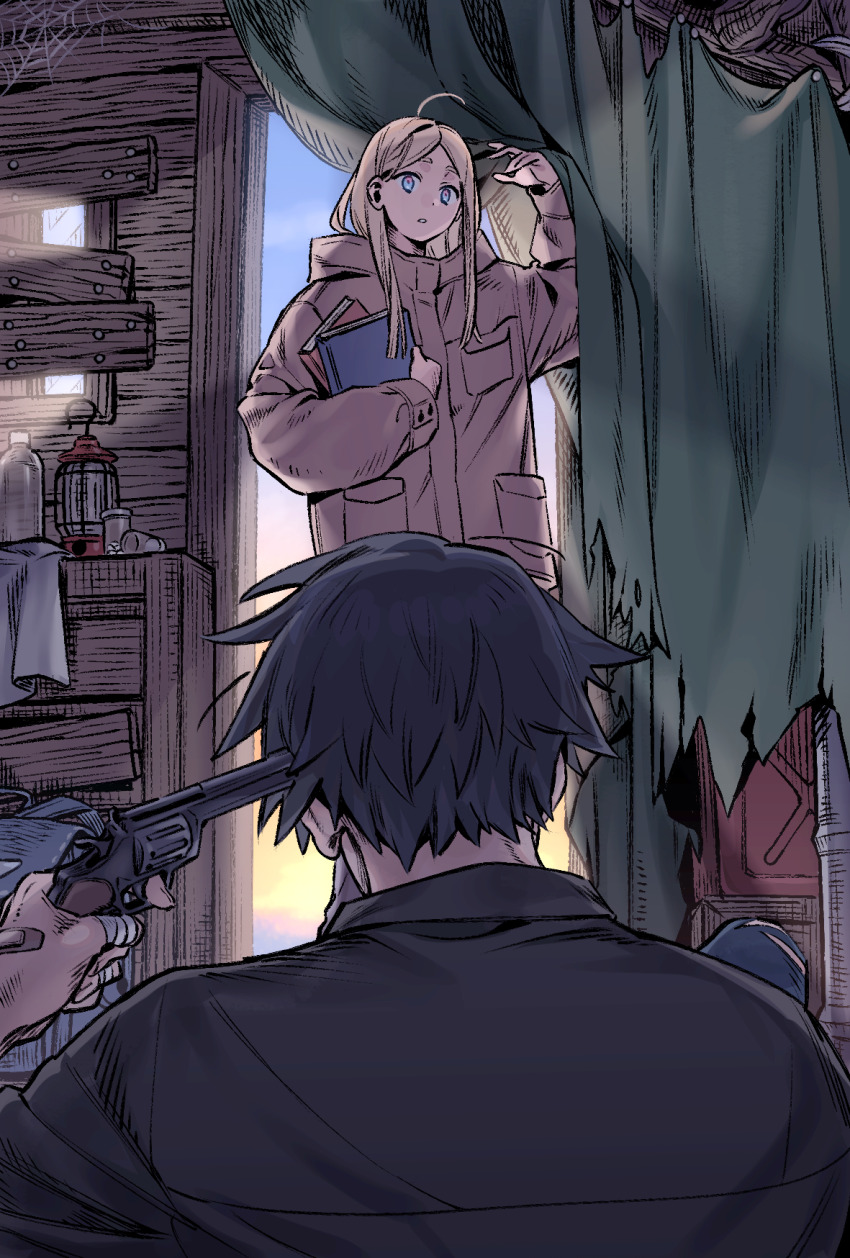 2boys ahoge aiming ainsley_(adey) attempted_suicide backpack bag bandages bandaid bandaid_on_hand black_shirt blonde_hair blue_bag blue_eyes blue_pants boarded_windows book bottle brown_coat cabinet coat cropped_torso curtains gun highres holding holding_book holding_gun holding_weapon long_hair multiple_boys oil_can oil_lamp original pants ray_(adey) shack shirt short_hair silk spider_web ten_(lu2948d) trap weapon