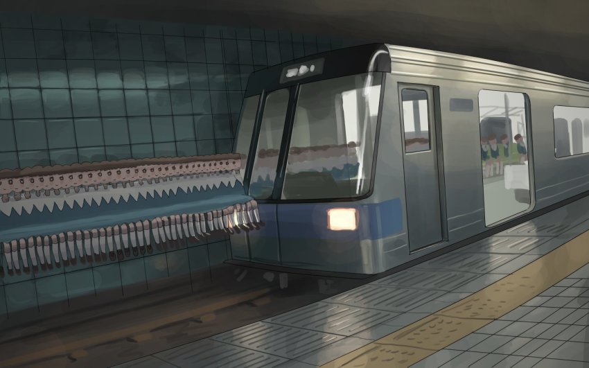 6+girls blush blush_stickers brown_eyes brown_footwear brown_hair clone closed_mouth door glitch indoors invisible_chair kneehighs matching_hair/eyes multiple_girls noclip original shoes sitting socks tensen_(dotted_line) tile_wall tiles train train_station what white_socks window