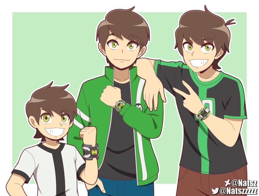 1boy absurdres age_progression ben_10 ben_10:_alien_force ben_10:_omniverse ben_tennyson brown_hair green_eyes green_jacket highres jacket male_focus natsz_(natszzzzz) omnitrix shirt short_hair smile white_shirt