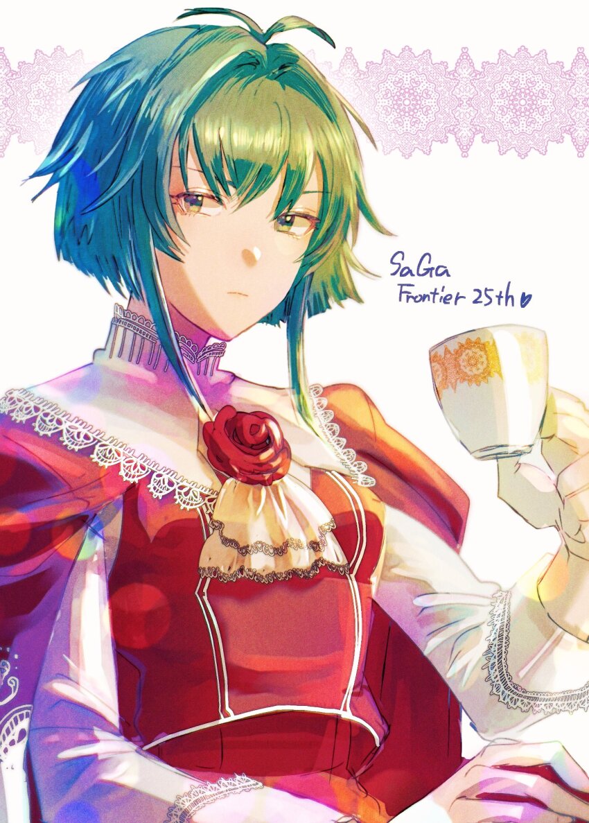 1girl asellus_(saga_frontier) breasts cape closed_mouth copyright_name cup flower green_eyes green_hair highres holding holding_cup looking_at_viewer miyama_(lacrima01) red_cape red_flower red_rose rose saga saga_frontier short_hair small_breasts solo teacup