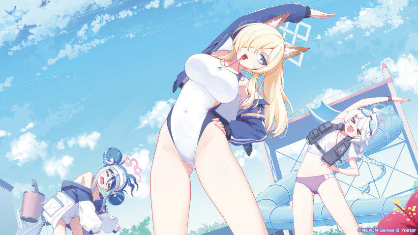&gt;_&lt; 3girls :o =_= animal_ears arm_up bare_shoulders bikini blonde_hair blue_archive blue_eyes blue_hair blue_sky braid breasts closed_eyes cloud day deadnooodles double_bun english_text exercising flower fox_ears fubuki_(blue_archive) fubuki_(swimsuit)_(blue_archive) goggles groin hair_bun hair_over_one_eye halo hand_on_own_hip highres kanna_(blue_archive) kanna_(swimsuit)_(blue_archive) kirino_(blue_archive) kirino_(swimsuit)_(blue_archive) large_breasts life_vest logo long_hair mouth_hold multiple_girls navel official_art one-piece_swimsuit outdoors purple_bikini sky standing stretching swimsuit thighs tree twitter_username visor_cap water_slide wavy_mouth whistle white_one-piece_swimsuit