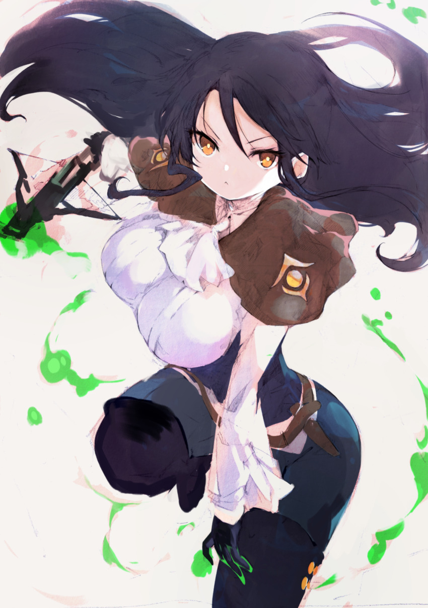 1girl :&lt; ascot belt black_boots black_gloves black_hair boots bow_(weapon) breasts brown_capelet capelet crossbow floating_hair galleria_no_chika_meikyuu_to_majo_no_ryodan gloves half_gloves highres holding holding_crossbow holding_weapon knee_up large_breasts long_hair long_sleeves looking_at_viewer mad_raptor orange_eyes pants shirt solo thigh_boots tsutsugano v-shaped_eyebrows weapon white_ascot white_background white_shirt