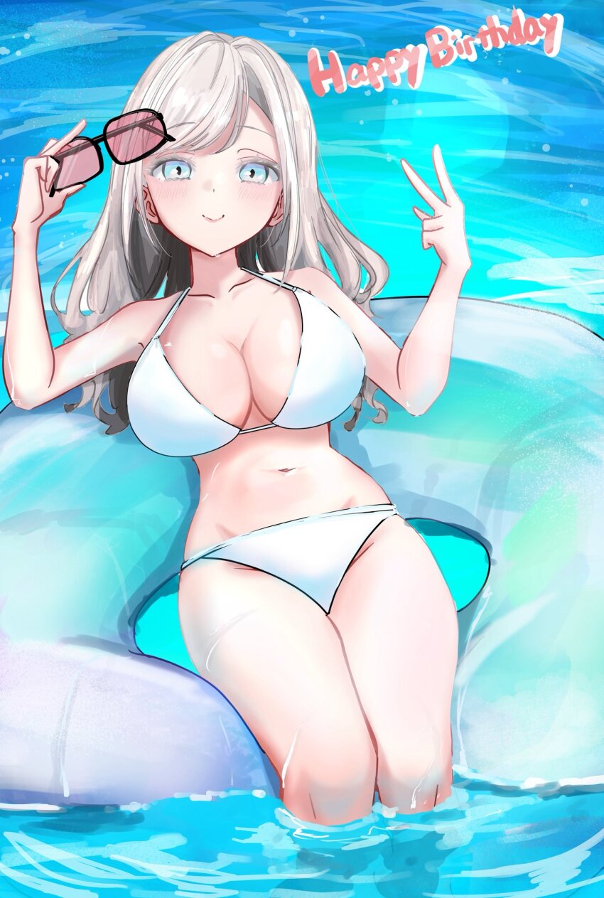 1girl alternate_costume bikini black-framed_eyewear blue_eyes breasts c: ceras_yanagida_lilienfeld cleavage closed_mouth collarbone commentary_request feet_out_of_frame grey_hair hair_ribbon halterneck happy_birthday highres holding holding_removed_eyewear inward_v large_breasts link!_like!_love_live! long_hair looking_at_viewer love_live! lying navel on_back on_innertube pink_ribbon rere_88rere ribbon smile soaking_feet solo stomach string_bikini sunglasses swimsuit unworn_eyewear v virtual_youtuber white_bikini