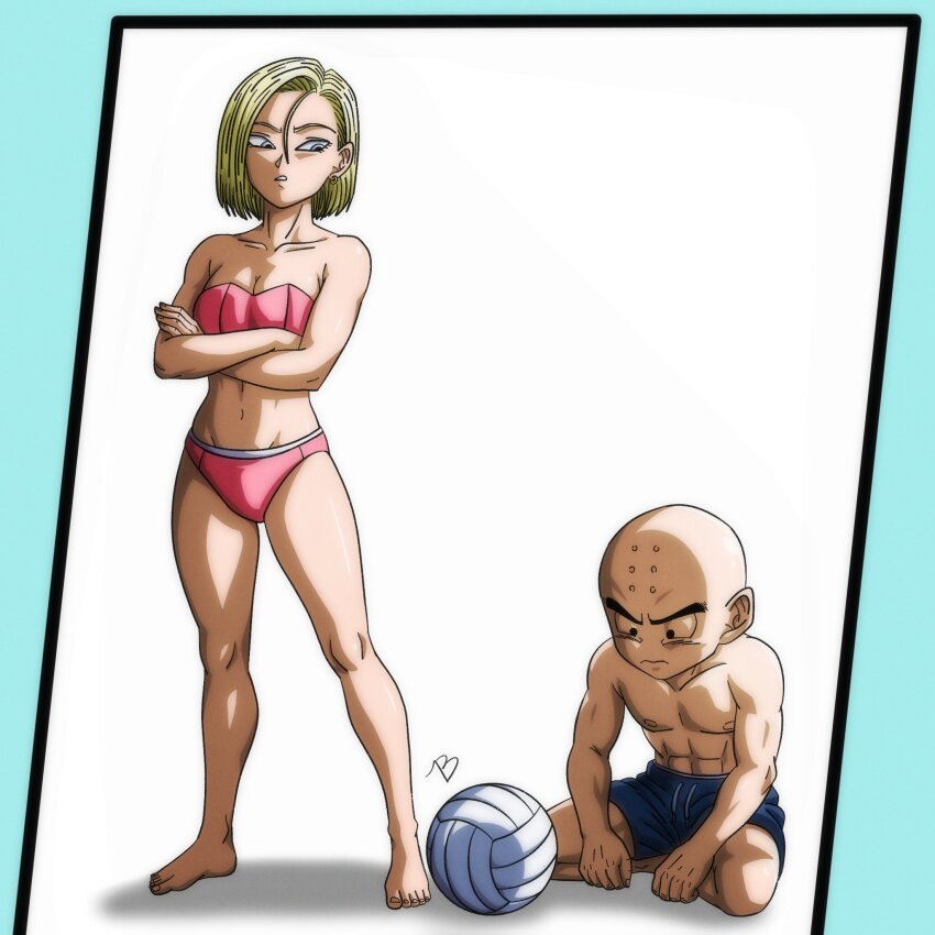 1boy 1girl abs android_18 bald bald_male black_eyes blonde_hair blue_eyes couple crossed_arms dragon_ball highres husband_and_wife kuririn muscular muscular_male nipples pectorals serious swimsuit volleyball white_background