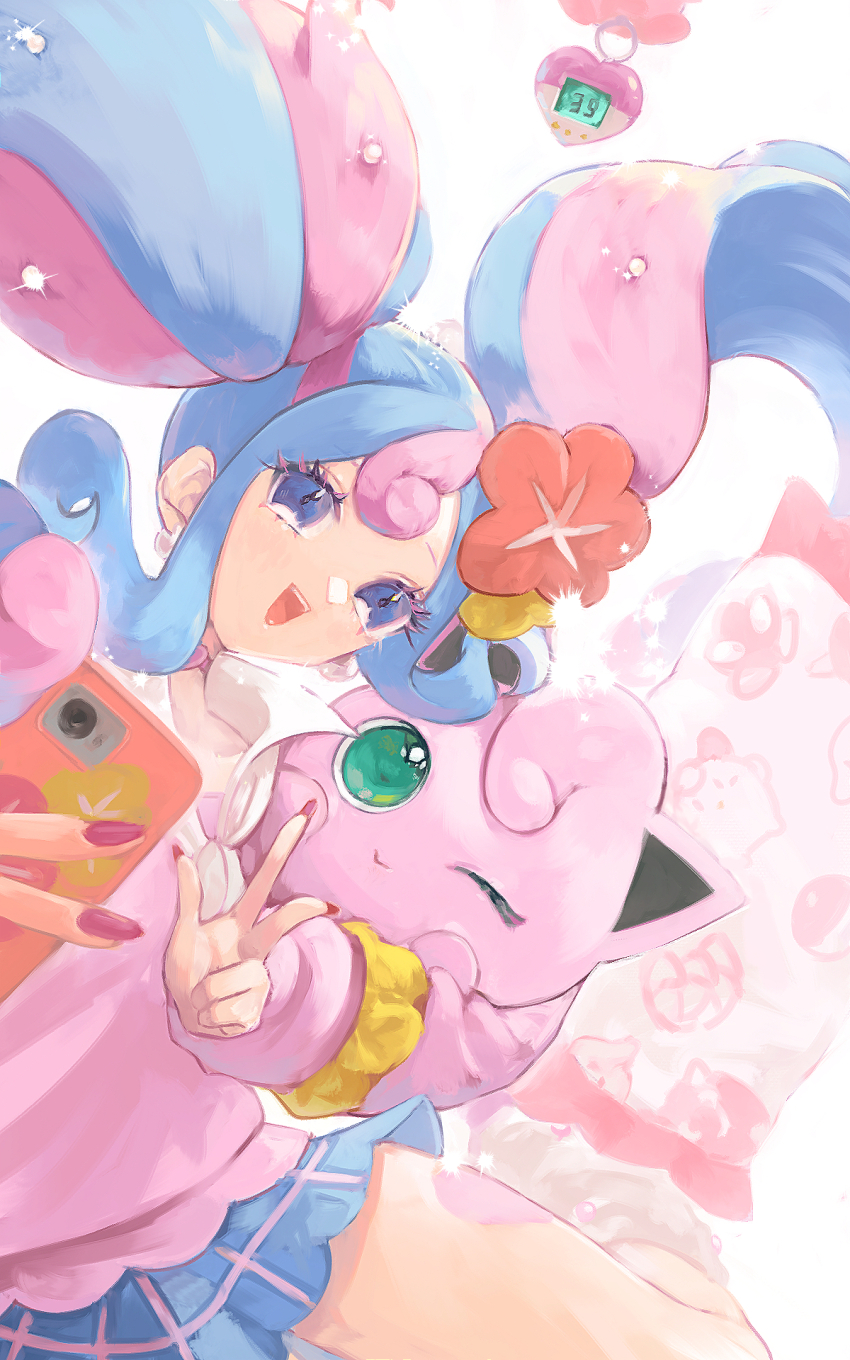 1girl 58_(scbaby) blue_eyes blue_hair cellphone eyelashes fairy_miku_(project_voltage) floating_hair flower gen_1_pokemon hair_flower hair_ornament hatsune_miku highres holding holding_phone jigglypuff long_hair looking_at_viewer nintendo open_mouth phone pink_nails pokemon pokemon_(creature) project_voltage smartphone twintails vocaloid