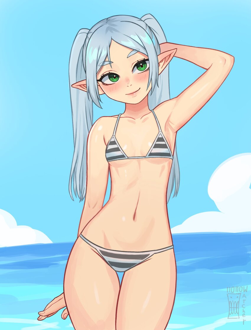 1girl absurdres arm_behind_head arm_up armpits bare_arms bare_legs bare_shoulders bikini blue_sky blush breasts collarbone commentary cowboy_shot day elf english_commentary frieren green_eyes grey_hair groin head_tilt highres looking_at_viewer navel ocean outdoors parted_bangs pointy_ears sky small_breasts smile solo sousou_no_frieren stomach striped_bikini striped_clothes swimsuit thigh_gap twintails watcher_hollow