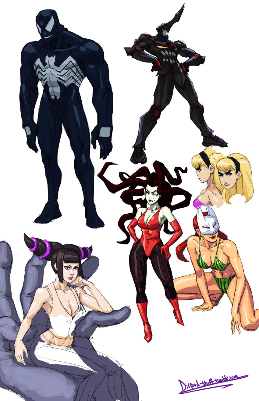 00s 4girls alternate_costume bikini black_hair blonde_hair breasts capcom casual cleavage collage diepod drill_hair eyebrows food_print fox_mask fruit_print hairband han_juri highres kunimitsu_(tekken) lazengann lipstick low_twintails makeup mandy_(grim_adventures) marvel mask medium_breasts multiple_girls namco pantyhose powerpuff_girls purple_eyes purple_lips red_hair sedusa sketch spider-man_(series) street_fighter swimsuit tekken tengen_toppa_gurren_lagann the_grim_adventures_of_billy_&amp;_mandy thick_eyebrows twin_drills twintails venom_(marvel) watermelon_print