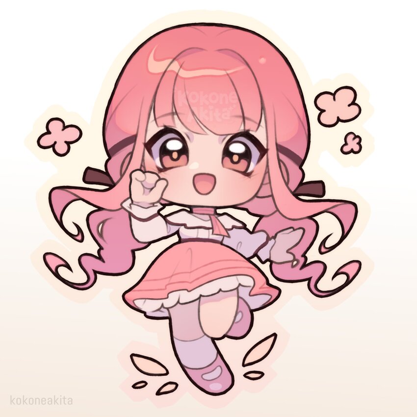 1girl absurdres artist_name belt black_belt black_bow black_ribbon blush_stickers bow brown_eyes chibi choker eyelashes flower frilled_shirt frilled_skirt frilled_sleeves frills gradient_background hair_bow hair_ribbon hand_up happy high-waist_skirt highres infinity_nikki kneehighs kokoneakita light_blush long_hair long_sleeves low_twintails mary_janes miniskirt neck_ribbon nikki_(nikki) nikki_(series) notice_lines off-shoulder_shirt off_shoulder open_mouth outline perfect_start_(infinity_nikki) pink_choker pink_flower pink_hair pink_ribbon pink_shoes pink_skirt puffy_long_sleeves puffy_sleeves ribbon ribbon_choker shirt shoes sidelocks single_stripe skirt smile socks solo striped_choker striped_ribbon tareme tress_ribbon twintails very_long_hair white_background white_shirt white_socks yellow_background yellow_outline