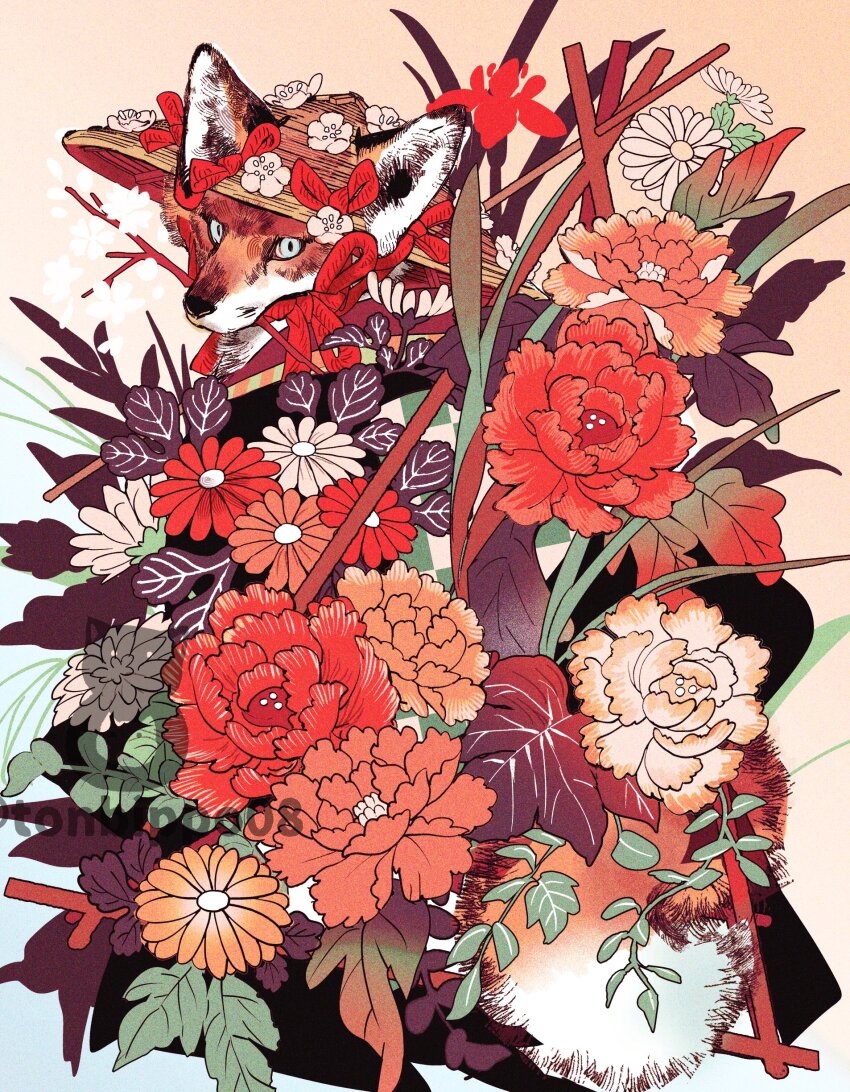 absurdres ajirogasa animal animal_focus artist_name branch clothed_animal ears_through_headwear flower flower_request fox full_body hat hat_flower highres leaf looking_at_viewer looking_back mouth_hold no_humans original red_flower solo tonbippo08 watermark white_flower yellow_flower