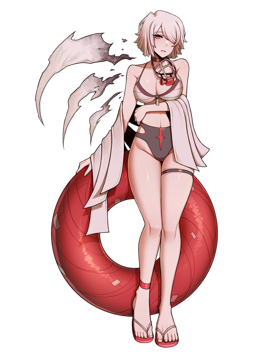 1girl absurdres alternate_costume bikini blue_eyes breasts cleavage faust_(project_moon) flip-flops full_body grey_bikini hair_over_one_eye highres large_breasts limbus_company looking_at_viewer mask misg1111 navel pool_float project_moon red_sandals respirator sandals short_hair simple_background solo standing swimsuit thighs thoracalgia_(e.g.o) white_background white_hair