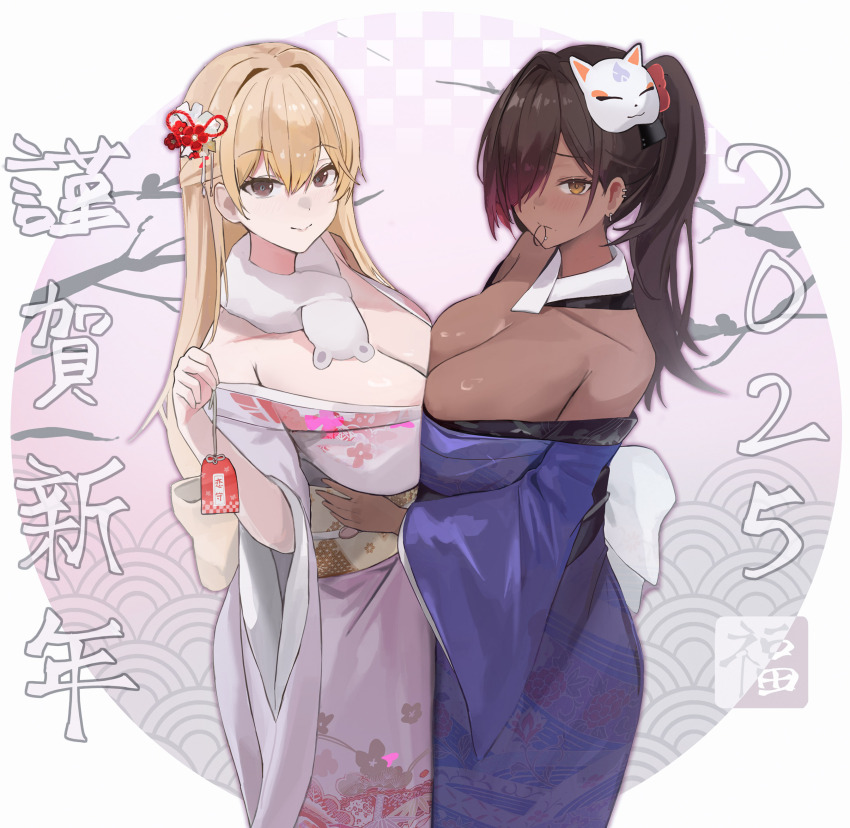 2025 2girls absurdres bare_shoulders black_hair blonde_hair breasts brown_eyes cleavage collarbone dark-skinned_female dark_skin goddess_of_victory:_nikke highres huge_breasts japanese_clothes kimono large_breasts long_hair mask mask_on_head multiple_girls naga_(last_girlhood)_(nikke) naga_(nikke) official_alternate_costume orange_eyes oval_background pink_kimono ponytail purple_kimono sloan_(shakabrah) smile tia_(nikke)