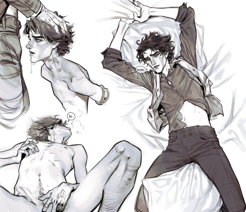 2boys arcane:_league_of_legends arms_behind_back bed_sheet bound bound_arms breath cuntboy drooling duskidraws english_text hand_on_another&#039;s_head league_of_legends lying male_focus masturbation medium_hair moaning mole mole_under_eye multiple_boys multiple_views navel nude on_back on_bed open_mouth partially_unbuttoned sheet_grab skinny solo_focus speech_bubble talking viktor_(arcane) viktor_(league_of_legends) yaoi