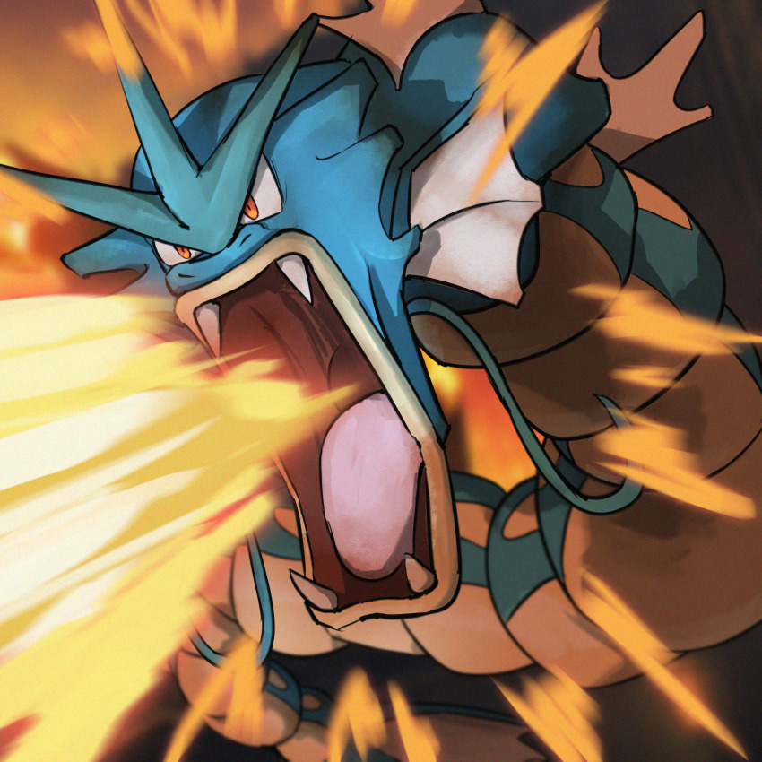 absurdres breath_weapon breathing_fire creatures_(company) fangs fire game_freak gen_1_pokemon gyarados highres nintendo no_humans open_mouth pokemon pokemon_(creature) red_eyes sea_serpent solo spicyichizo