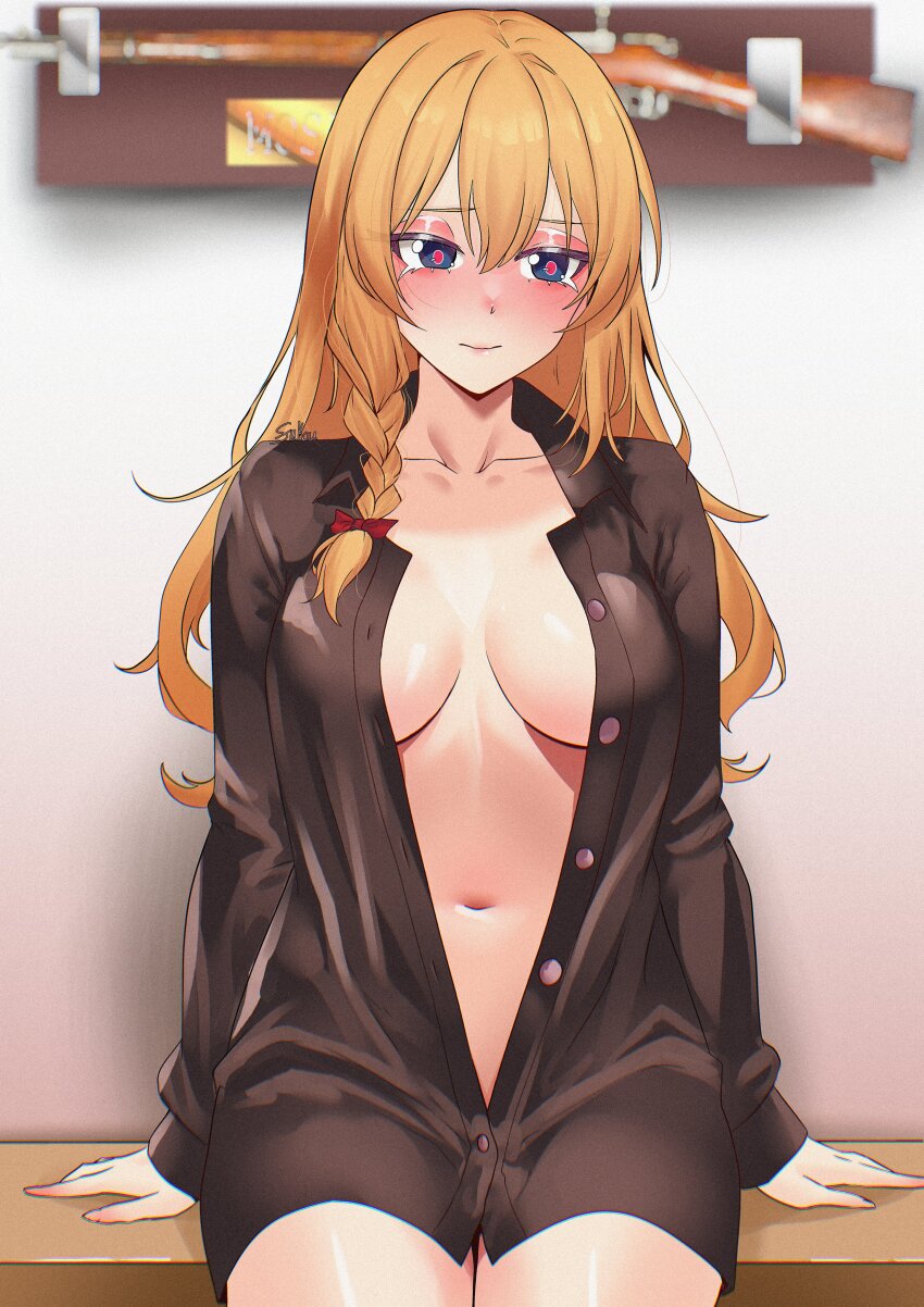 1girl absurdres alternate_costume blonde_hair blue_eyes blush bolt_action braid breasts breasts_apart brown_shirt closed_mouth collarbone commentary english_commentary fukou girls&#039;_frontline girls&#039;_frontline_2:_exilium gun hair_between_eyes highres long_hair mosin-nagant mosin-nagant_(girls&#039;_frontline) mosin-nagant_(girls&#039;_frontline_2) navel partially_unbuttoned red_pupils rifle shirt sitting solo weapon