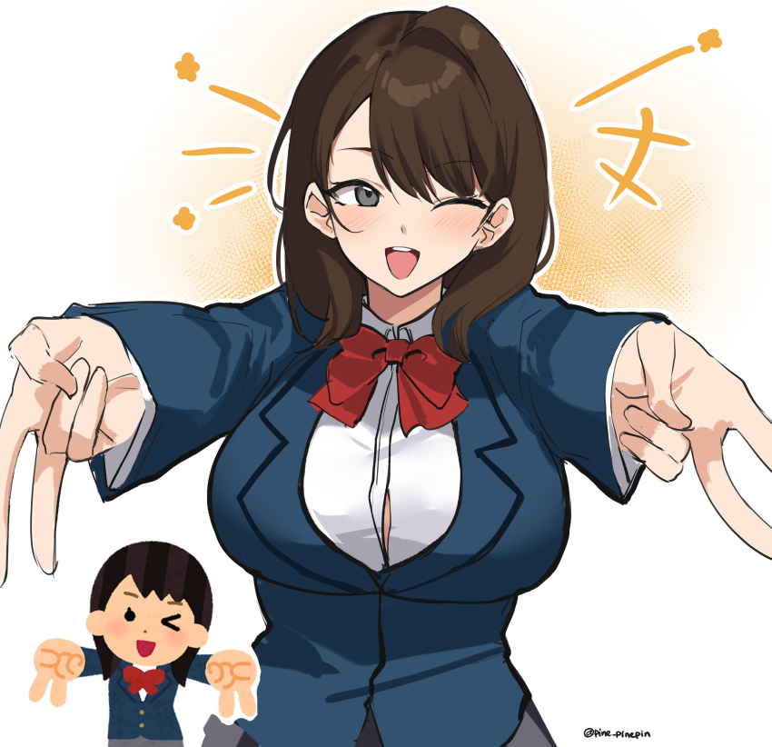 1girl absurdres black_eyes blue_jacket breasts brown_hair button_gap double_v highres irasutoya irasutoya_challenge jacket large_breasts medium_hair one_eye_closed pinepin reference_inset school_uniform shirt smile solo upper_body v white_background white_shirt