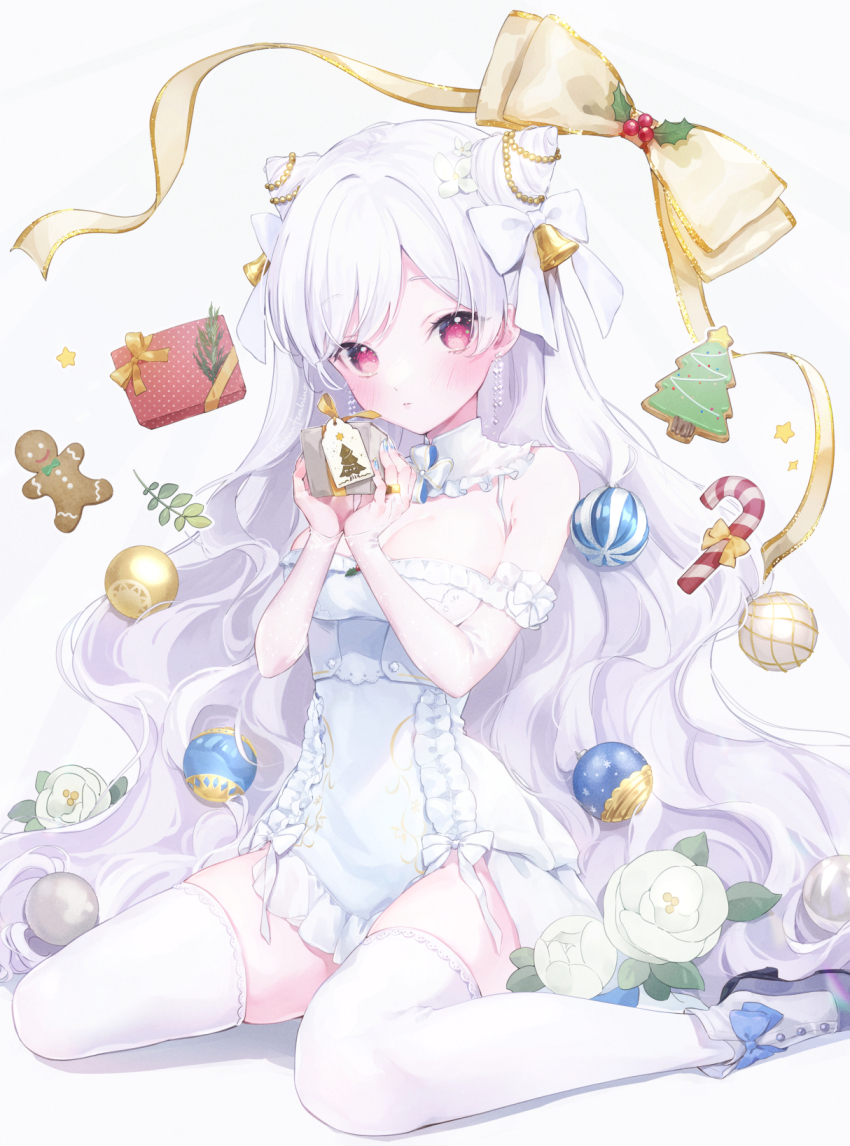 1girl absurdly_long_hair armband blush bow box breasts candy candy_cane chain christmas christmas_ornaments christmas_tree_print cleavage cleavage_cutout clothing_cutout dress earrings flower food footwear_bow gift gift_box gingerbread_cookie gingerbread_man gold_bell gold_bow gold_chain gold_trim hair_bow highres holding holding_paper hoshino_ruru jewelry long_hair looking_at_viewer original paper red_eyes rose shoes sitting solo thighhighs very_long_hair wariza white_background white_bustier white_dress white_flower white_hair white_rose white_shoes zettai_ryouiki