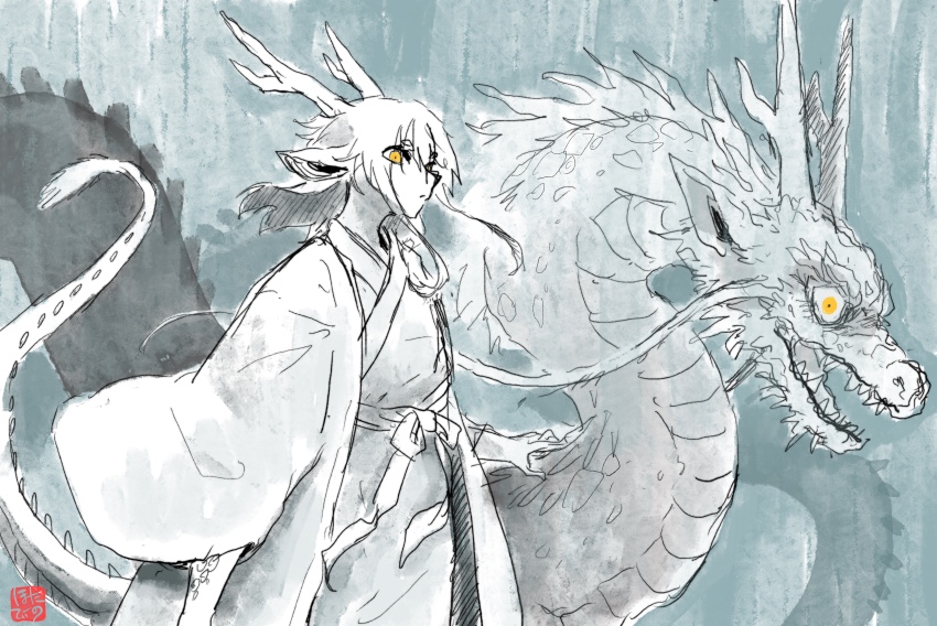 1boy absurdres animal_ears blue_background commentary_request cowboy_shot dragon dragon_boy dragon_ears dragon_horns dragon_tail dual_persona eastern_dragon eastern_dragon_horns eastern_dragon_tail haori highres horns hotathino japanese_clothes kimono looking_at_viewer male_focus original outdoors solo spot_color tail wind yellow_eyes