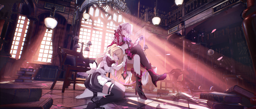 2girls absurdres alternate_costume apron asymmetrical_legwear black_footwear black_gloves blonde_hair cuffs gloves highres honkai_(series) honkai_impact_3rd long_hair maid maid_apron maid_headdress multiple_girls shackles siroka songque thelema_nutriscu thelema_nutriscu_(mad_pleasure:_shadowbringer) thighhighs zettai_ryouiki