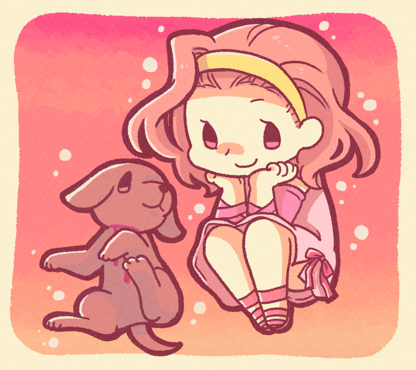 1girl absurdres arnold_(jojo) chibi chibi_only commentary detached_sleeves diamond_wa_kudakenai dog dress ghost hairband highres jojo_no_kimyou_na_bouken m_a_a_m_8 medium_hair pink_dress pink_eyes pink_hair pink_sandals pink_sleeves sandals smile sugimoto_reimi symbol-only_commentary yellow_hairband