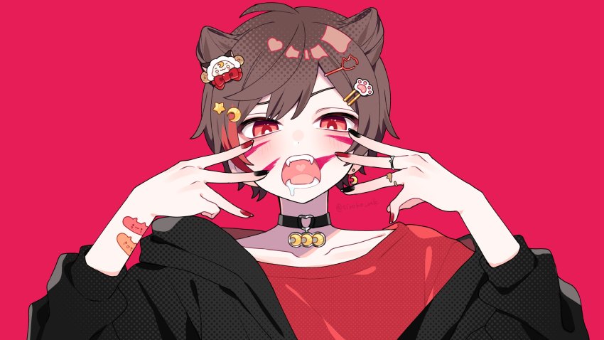 1boy absurdres amatsuki_(utaite) animal_(vocaloid) bandaid bandaid_on_arm black_jacket black_nails blush brown_hair cat_hair_ornament choker commentary_request cone_hair_bun crescent crescent_choker crescent_hair_ornament derivative_work fangs hair_bun hair_ornament hairclip heart heart_o-ring heart_ring_choker highres indie_utaite jacket long_sleeves looking_at_viewer male_focus masamune_(amatsuki) multicolored_nails nail_polish niconico o-ring o-ring_choker open_mouth paw_hair_ornament red_eyes red_nails red_shirt saliva shiroko shirt short_sleeves solo t-shirt utaite vocaloid