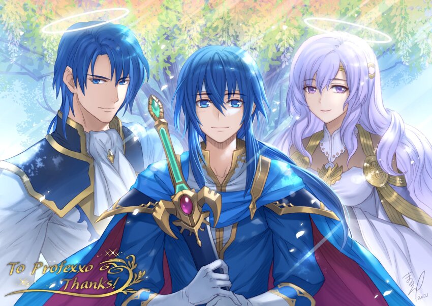 1girl 2boys blue_eyes blue_hair closed_mouth commentary commissioner_name deirdre_(fire_emblem) dress english_commentary english_text father_and_son fire_emblem fire_emblem:_genealogy_of_the_holy_war halo highres holding holding_sword holding_weapon husband_and_wife kyo=hibiki long_hair mother_and_son multiple_boys nintendo purple_eyes purple_hair second-party_source seliph_(fire_emblem) short_hair sidelocks sigurd_(fire_emblem) smile sword thank_you weapon white_dress