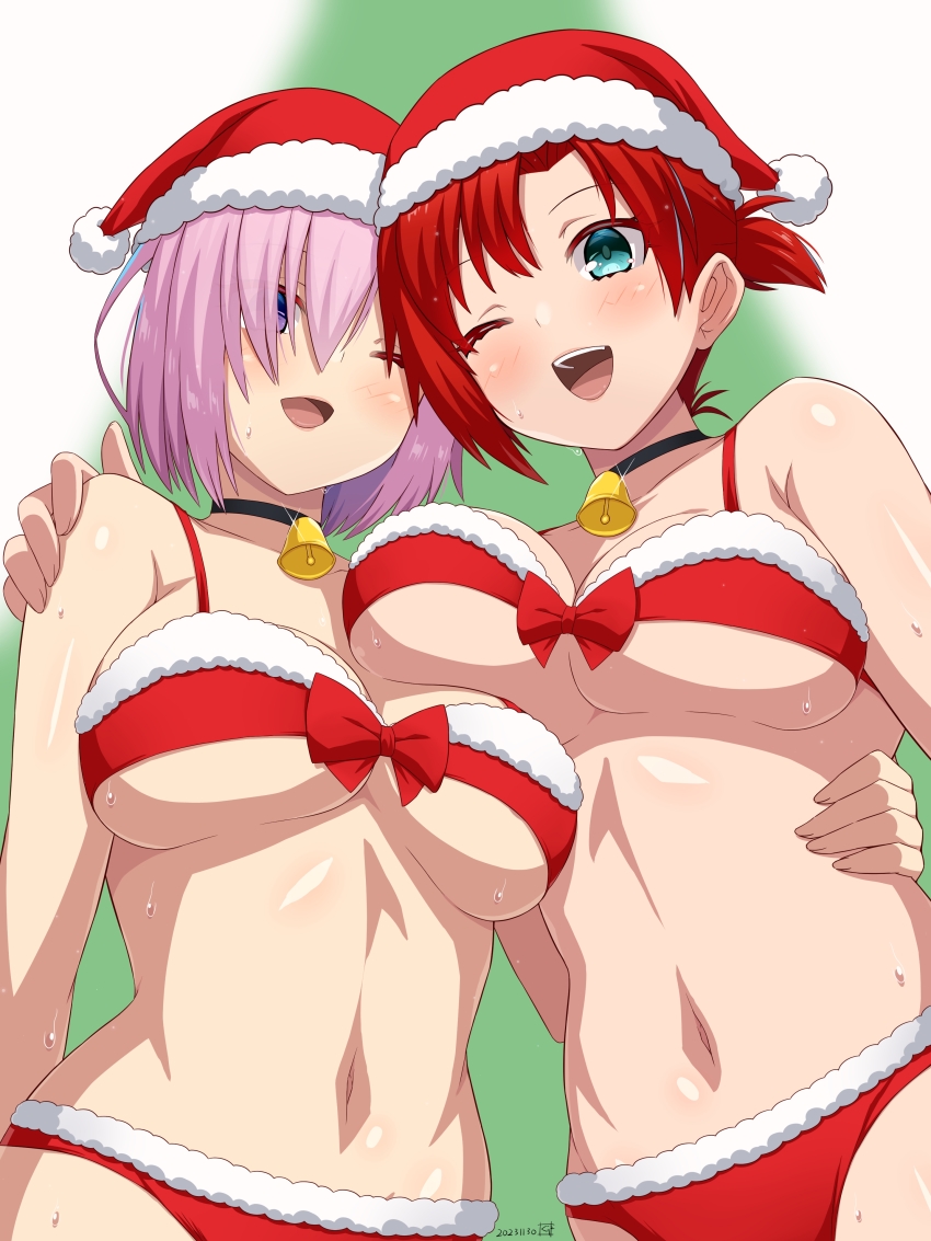2girls absurdres bare_shoulders bell bikini boudica_(fate) breasts choker cleavage collarbone fate/grand_order fate_(series) fur-trimmed_bikini fur-trimmed_headwear fur_trim green_eyes guriguri_(arayotto4351) hair_over_one_eye hat highres jingle_bell large_breasts looking_at_viewer mash_kyrielight multiple_girls navel one_eye_closed open_mouth ponytail purple_eyes purple_hair red_bikini red_hair revision santa_hat short_hair short_ponytail smile swimsuit underboob