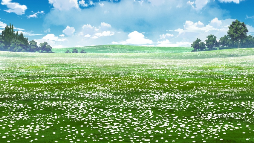 blue_sky cloud cloudy_sky day flower forest grass haze highres hill meadow mountainous_horizon nature non-web_source official_art our_life:_beginnings_and_always outdoors poppy_(flower) scenery sky too_many_flowers tree