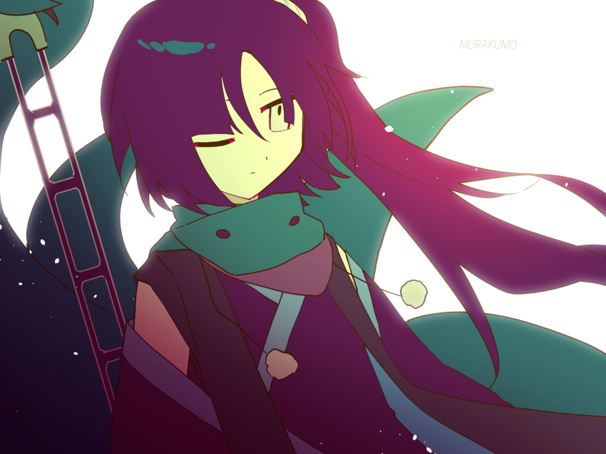 1other adagumo_no_yaorochi androgynous bare_shoulders black_hair black_jacket black_kimono black_sleeves blunt_bangs closed_mouth detached_sleeves dot_nose double-parted_bangs expressionless floating_clothes floating_hair green_scarf grey_eyes highres holding holding_sword holding_weapon jacket japanese_clothes jinbaori kimono len&#039;en light_frown light_particles long_hair long_sleeves looking_ahead multiple_tails one_eye_closed other_focus petals pom_pom_(clothes) prehensile_hair re1re133 scarf simple_background sleeveless sleeveless_kimono snake_tail solo sword sword_of_kusanagi tail tasouken upper_body very_long_hair weapon white_background wind