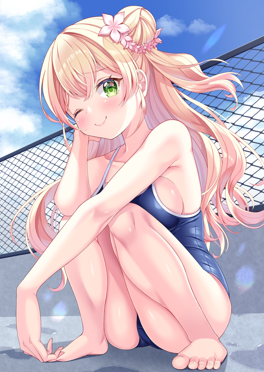 1girl absurdres barefoot blonde_hair blue_one-piece_swimsuit blue_sky blush breasts chain-link_fence closed_mouth cloud cloudy_sky commentary_request competition_school_swimsuit day double_bun esuorder feet fence flower gradient_hair green_eyes hair_between_eyes hair_bun hair_flower hair_ornament highres hololive large_breasts long_hair looking_at_viewer momosuzu_nene multicolored_hair one-piece_swimsuit one_eye_closed outdoors pink_flower pink_hair school_swimsuit sideboob sitting sky smile solo squatting swimsuit toes two_side_up virtual_youtuber wet_floor