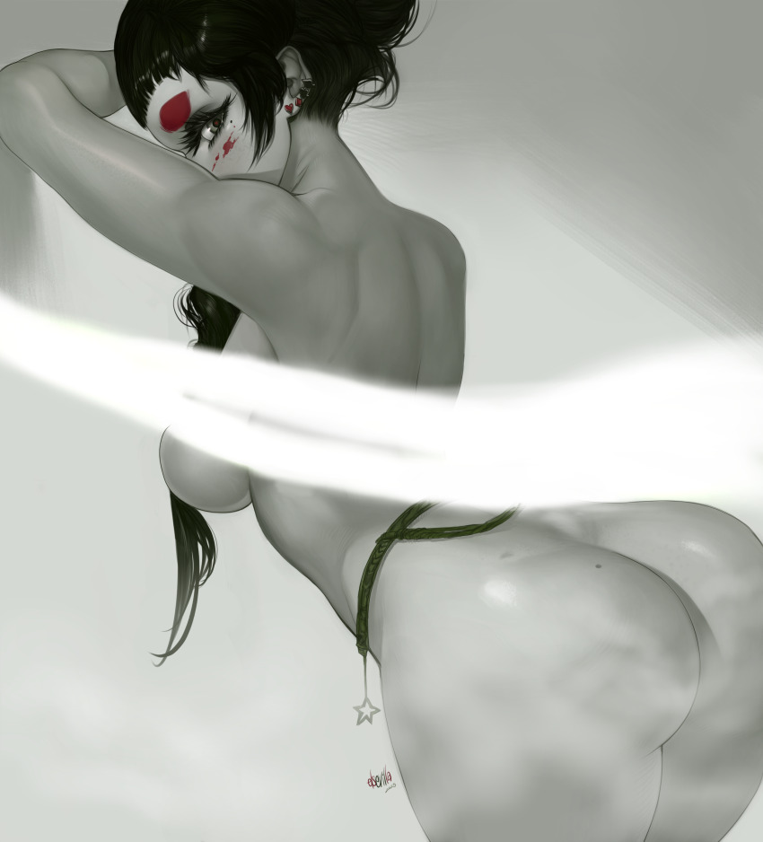 1girl absurdres artist_name ass black_hair breasts club_(shape) commentary dated diamond_(shape) earrings elsevilla english_commentary from_behind grey_background heart highres jewelry large_breasts long_hair looking_at_viewer looking_back nude original simple_background solo spade_(shape) spot_color