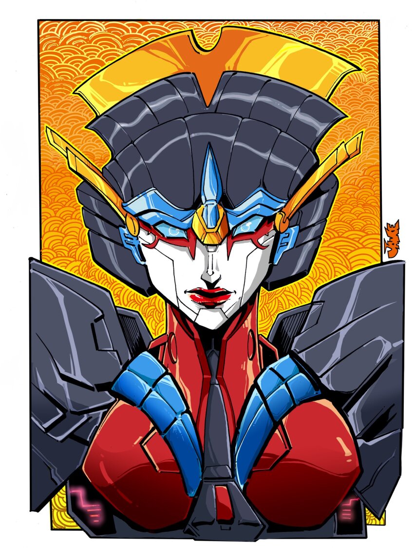 1girl armor blue_eyes breasts highres humanoid_robot inker-guy medium_breasts red_lips robot seigaiha shoulder_armor solo straight-on the_transformers_(idw) transformers upper_body windblade