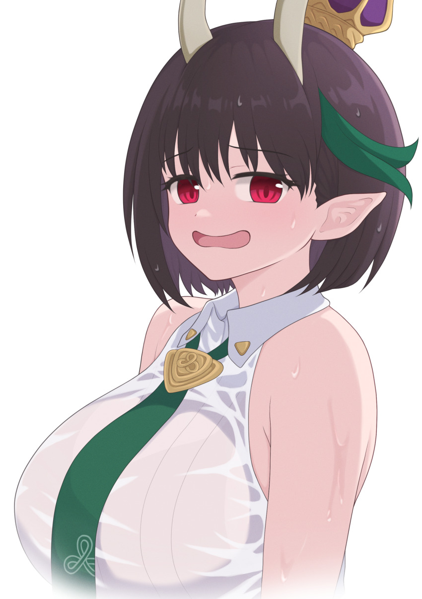 1girl absurdres bare_shoulders biscione_(fate) biscione_(second_ascension)_(fate) black_hair blush breasts collared_dress crown dragon_girl dress fate/grand_order fate_(series) highres horns large_breasts looking_at_viewer mini_crown multicolored_hair murasaki3 necktie open_mouth pointy_ears red_eyes short_hair streaked_hair wet wet_clothes white_dress