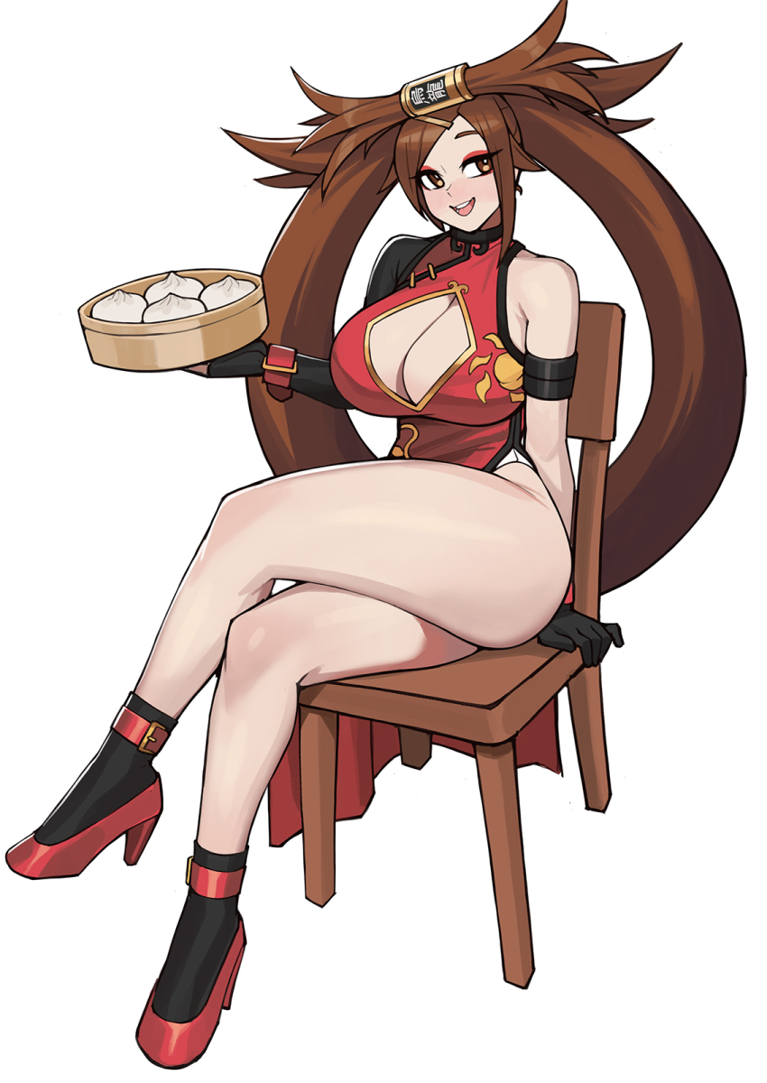 1girl alternate_breast_size arc_system_works arm_at_side asymmetrical_gloves bare_hips bare_legs black_dress black_gloves black_socks blush breasts brown_eyes brown_hair chair china_dress chinese_clothes cleavage cleavage_cutout clothing_cutout crossed_legs donburi_(donburikazoku) dress elbow_gloves eyebrows eyelashes eyeshadow female_focus fingerless_gloves food full_body gloves guilty_gear guilty_gear_xrd half-closed_eyes hand_up high_heels highres holding holding_plate huge_breasts impossible_hair kuradoberi_jam long_hair looking_afar looking_to_the_side makeup matching_hair/eyes multicolored_dress naughty_face on_chair open_mouth plate red_dress red_eyeshadow red_footwear simple_background single_bare_shoulder sitting smile socks solo teeth thick_thighs thighs upper_teeth_only white_background wide_hips yellow_dress