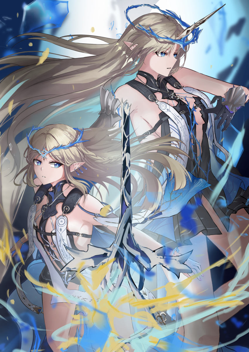 2girls absurdres bare_shoulders black_collar blonde_hair blue_eyes blue_hair breasts cartethyia_(wuthering_waves) collar colored_inner_hair commentary crown_of_thorns dual_persona earrings fleurdelys_(wuthering_waves) floating_earrings highres horns jewelry large_breasts long_hair multicolored_hair multiple_girls necklace parted_lips pointy_ears shuuka sidelocks single_horn sword tacet_mark_(wuthering_waves) very_long_hair weapon wuthering_waves yellow_horns
