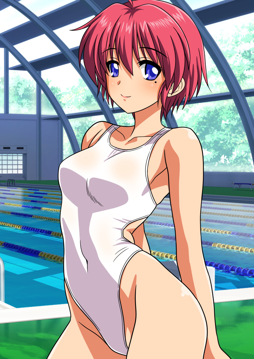 1girl absurdres ahoge arms_behind_back blue_eyes breasts commentary_request competition_swimsuit covered_navel cowboy_shot highleg highleg_one-piece_swimsuit highres hinomoto_hikari indoors medium_breasts mole mole_under_eye one-piece_swimsuit racerback red_eyes short_hair smile solo standing swimsuit tokimeki_memorial tokimeki_memorial_2 white_one-piece_swimsuit yuuyuu_(3jjbn)