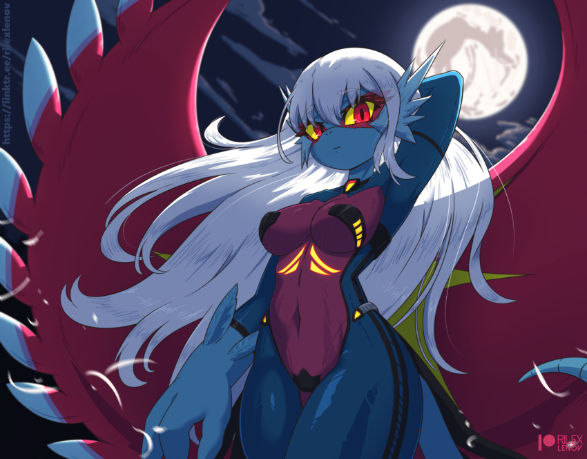 1girl arm_at_side arm_behind_head arm_up armpits artist_name asymmetrical_sleeves black_sky blue_skin bodysuit closed_mouth cloud collarbone colored_sclera colored_skin cowboy_shot dragon_girl female_focus full_moon furry furry_female glowing long_hair long_sleeves looking_at_viewer moon multicolored_skin navel neon_trim night nintendo outdoors patreon_logo patreon_username personification pokemon pokemon_(creature) red_eyes red_skin red_wings rilex_lenov roaring_moon see-through_bodysuit see-through_clothes short_sleeves sidelocks sky solo spread_wings standing stomach tail thick_thighs thighs two-tone_skin very_long_hair watermark web_address white_hair wide_hips wind wings yellow_sclera