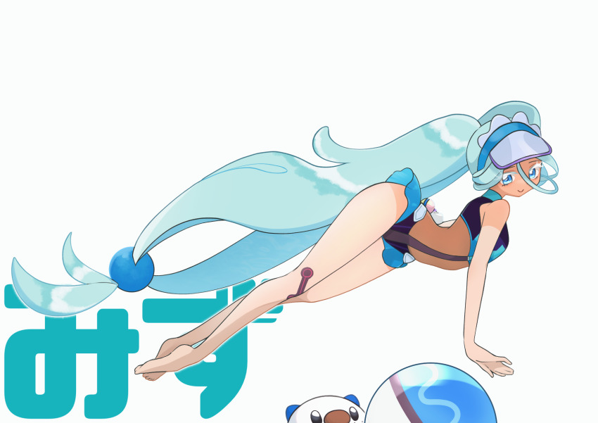 1girl ball beachball blue_eyes blue_hair colored_eyelashes dive_ball gen_5_pokemon hatsune_miku highres long_hair mamommmuuu nintendo oshawott poke_ball pokemon pokemon_(creature) project_voltage tan tanline twintails very_long_hair visor_cap vocaloid water_miku_(project_voltage)