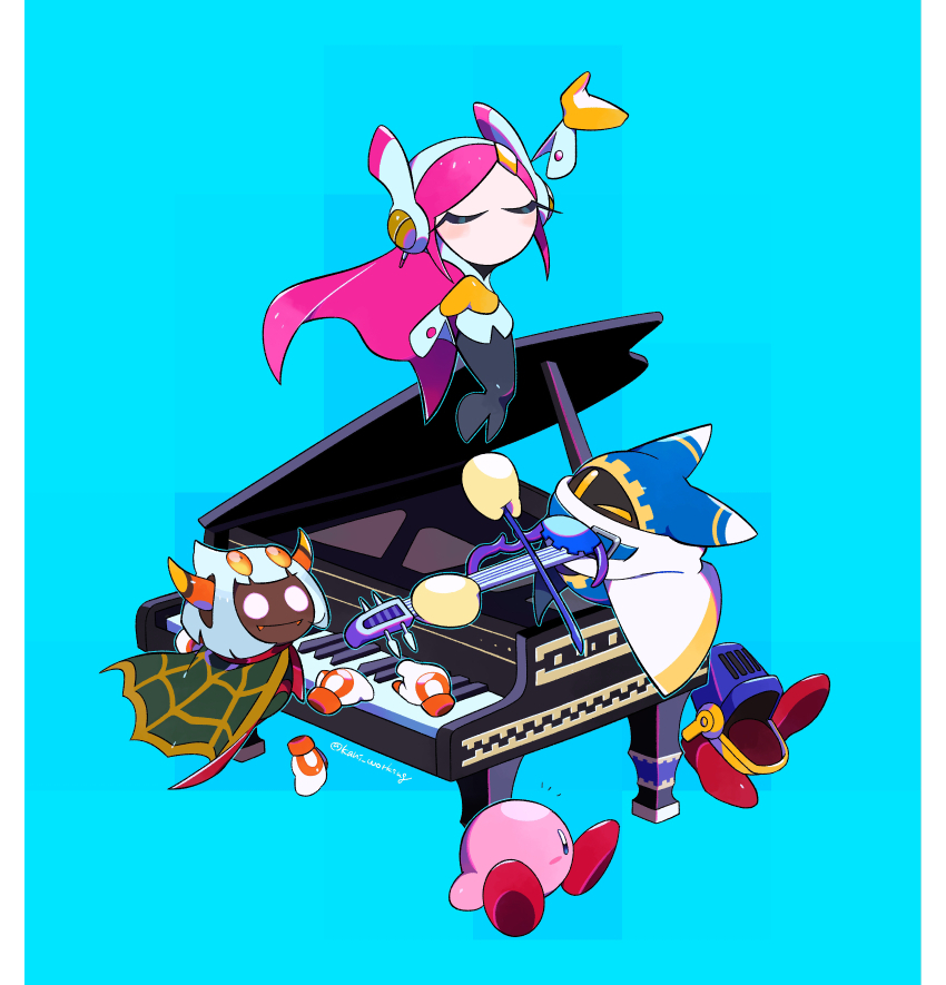 1girl blue_background bow_(music) cape closed_eyes colored_skin gloves green_cape hair_ornament hairclip highres holding holding_bow_(music) horns instrument kanianoreki kirby kirby:_star_allies kirby_(series) magolor music nintendo one_eye_closed pink_hair pink_skin playing_instrument playing_piano rayman_limbs susie_(kirby) taranza walky white_hair yellow_gloves